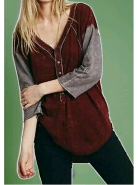 FREE PEOPLE "Stolen Baseball" Frayed Burgundy/Gray Cotton Knit Size XS